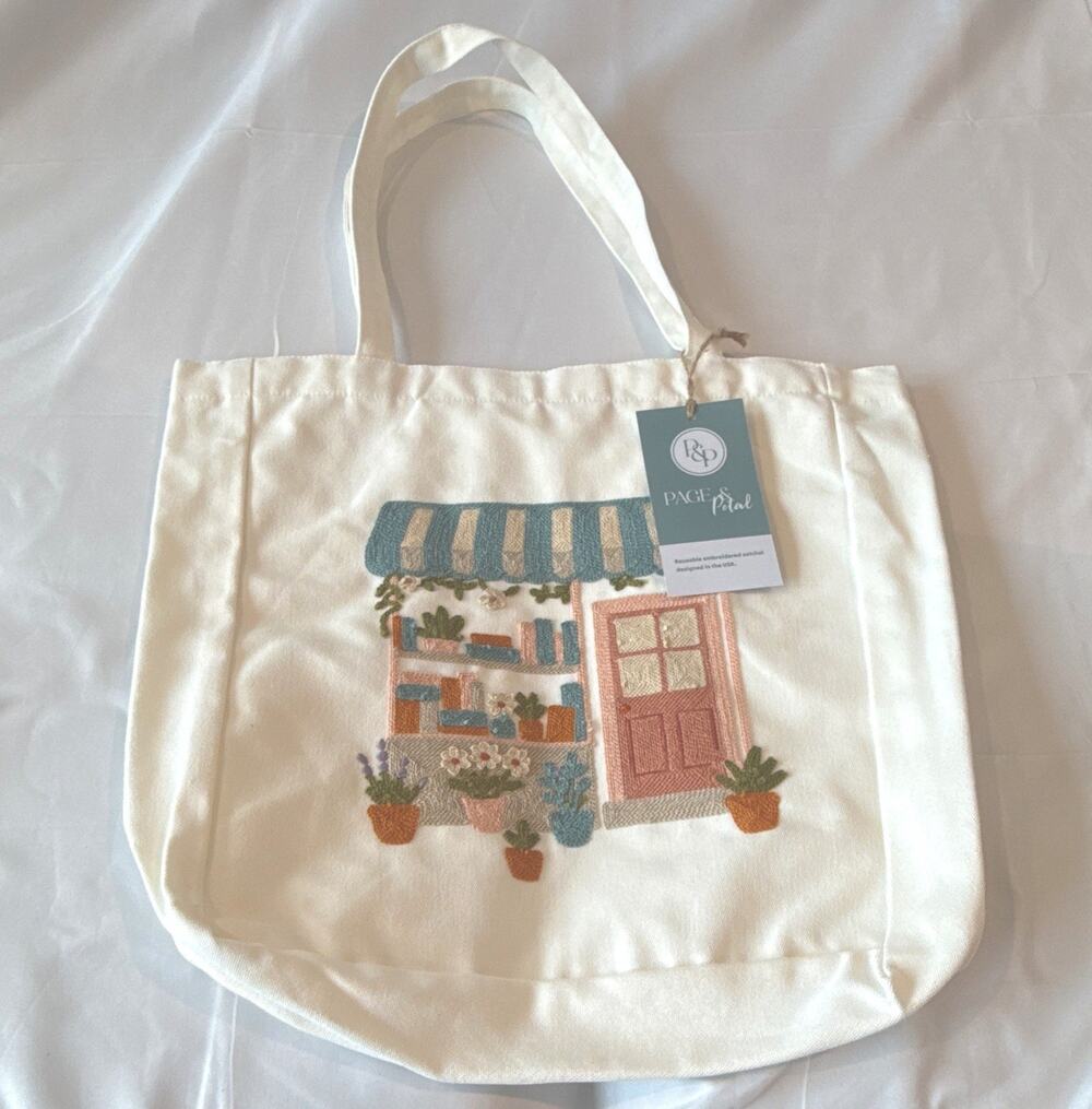 Page & Petal Reusable Embroidered Tote Bag White Floral & Nature Multicolor.